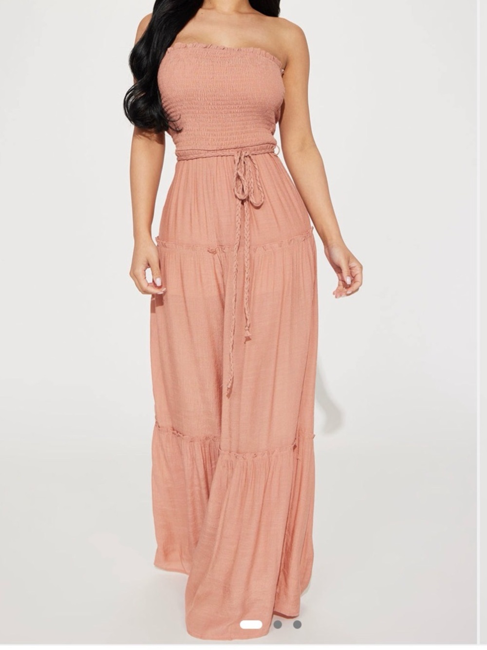 Fashion Nova Smocked Strapless Maxi Jumpsuit in Terracotta